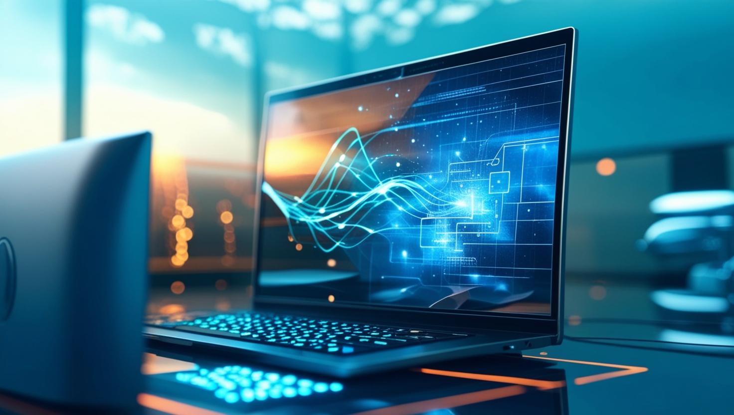 Laptop with wavy blue likes on the screen and a gold background
