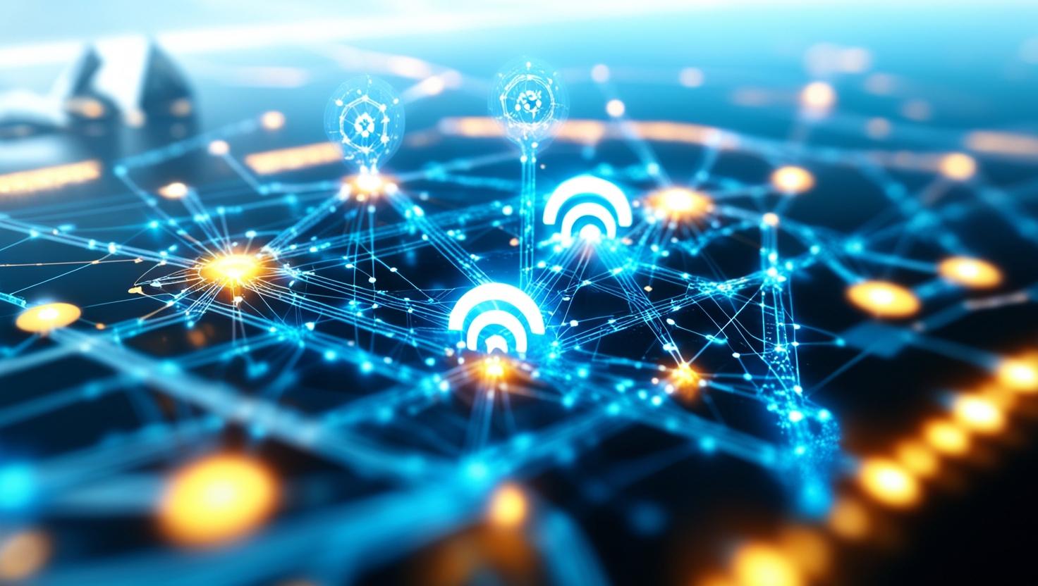 Wifi symbols linking to eachother with light blue lines and gold glows in the back ground