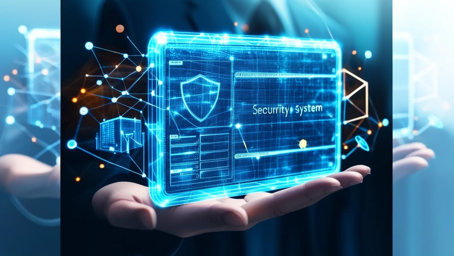 Hand holding tech from the future with system security sign